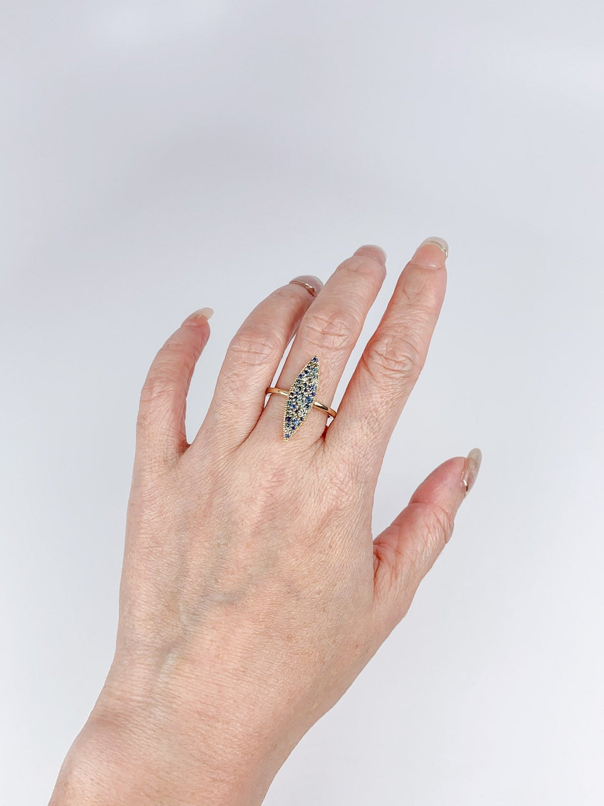 Elongated Navette Ring with Cluster Sapphire 14K Gold R6707 Aurora Designer