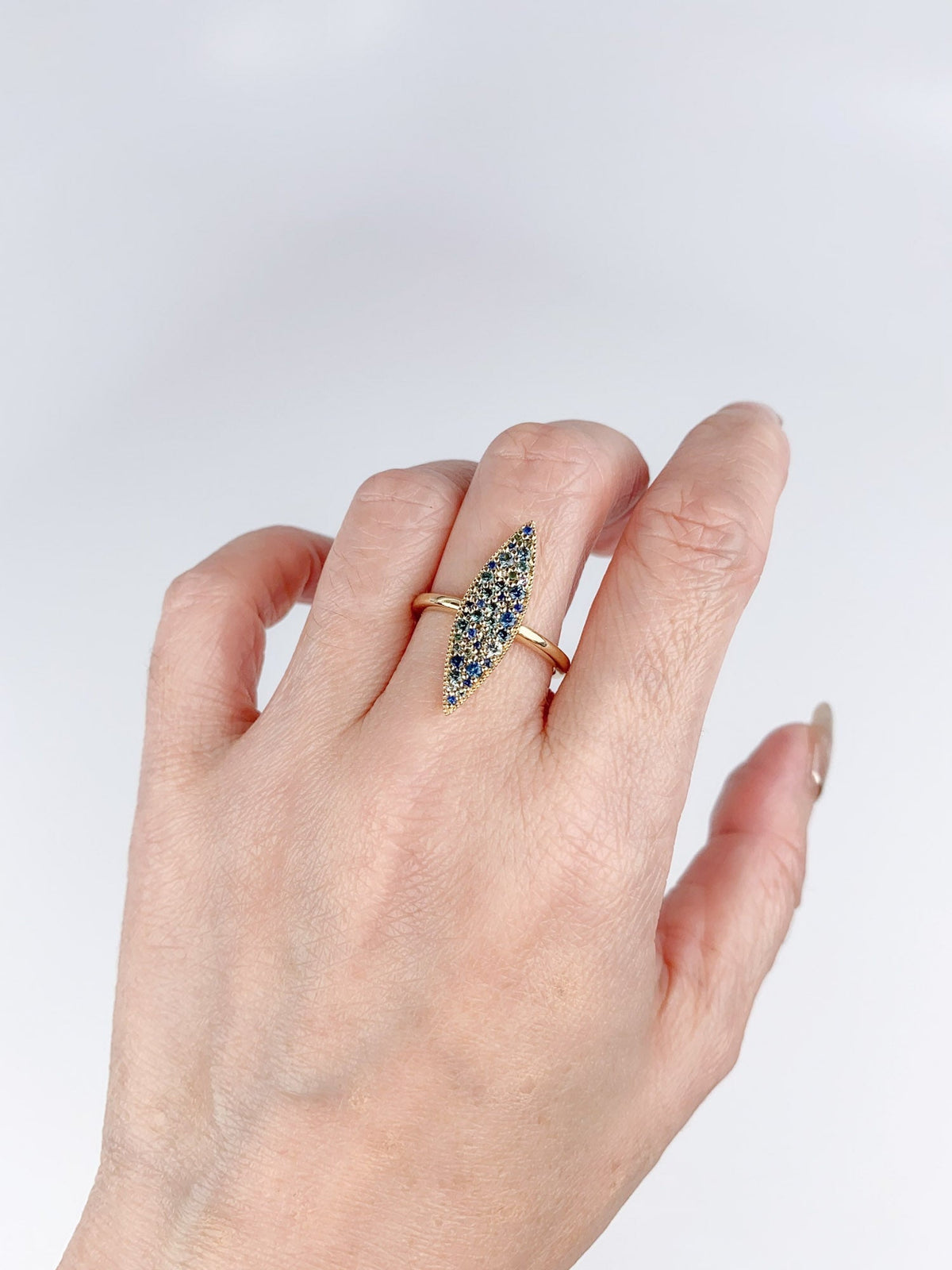 Elongated Navette Ring with Cluster Sapphire 14K Gold R6707 Aurora Designer