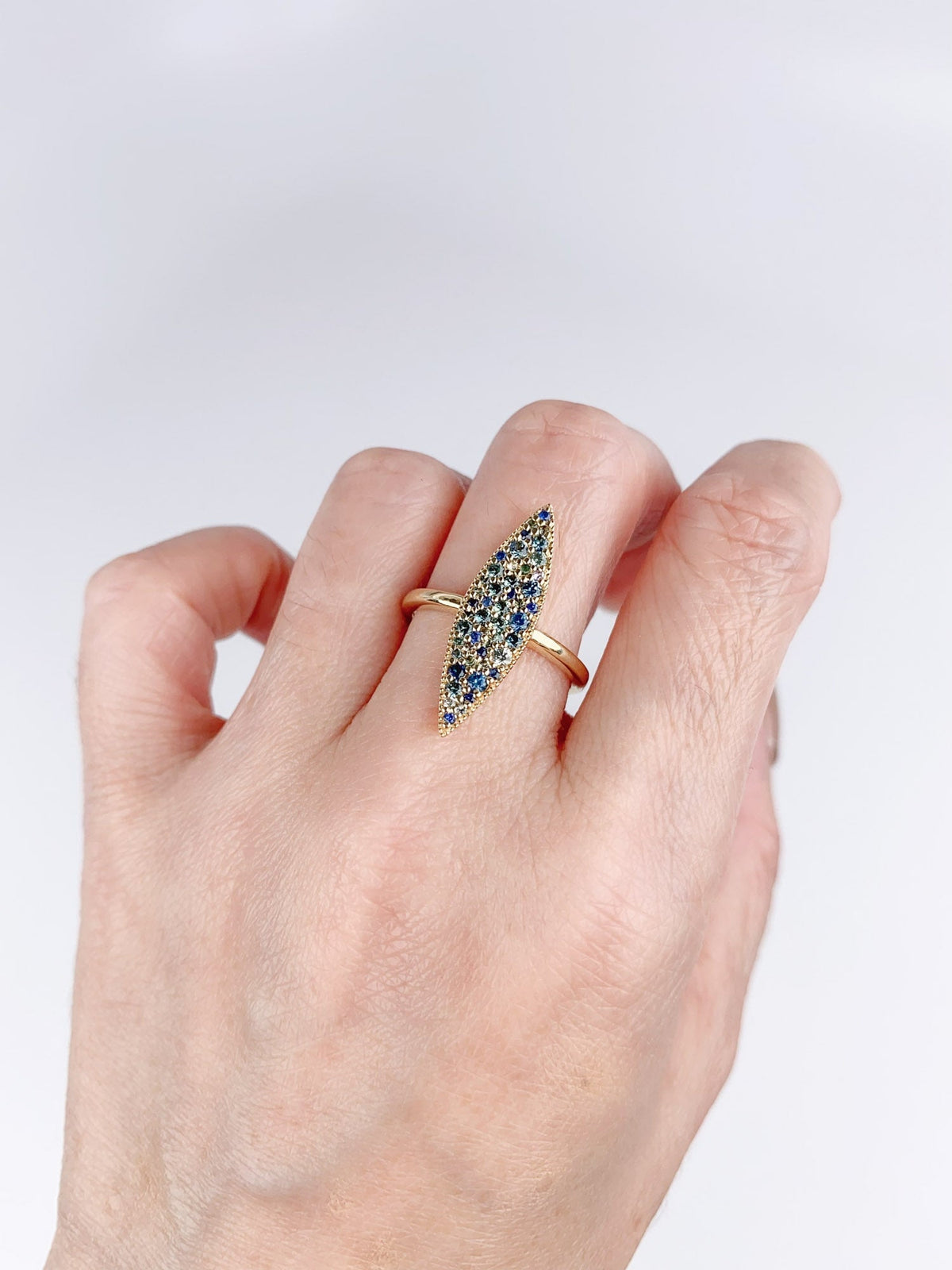 Elongated Navette Ring with Cluster Sapphire 14K Gold R6707 Aurora Designer