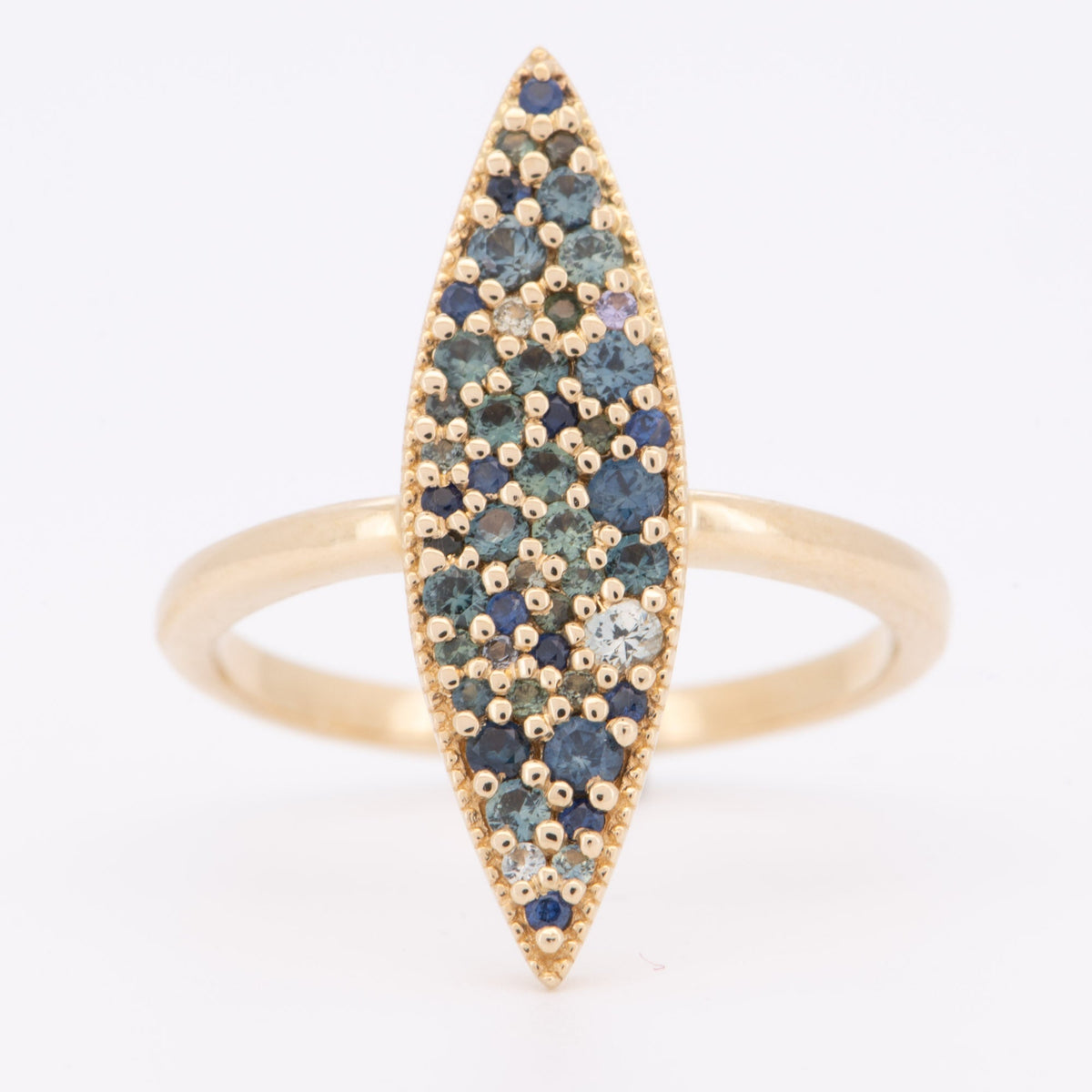 Elongated Navette Ring with Cluster Sapphire 14K Gold R6707 Aurora Designer