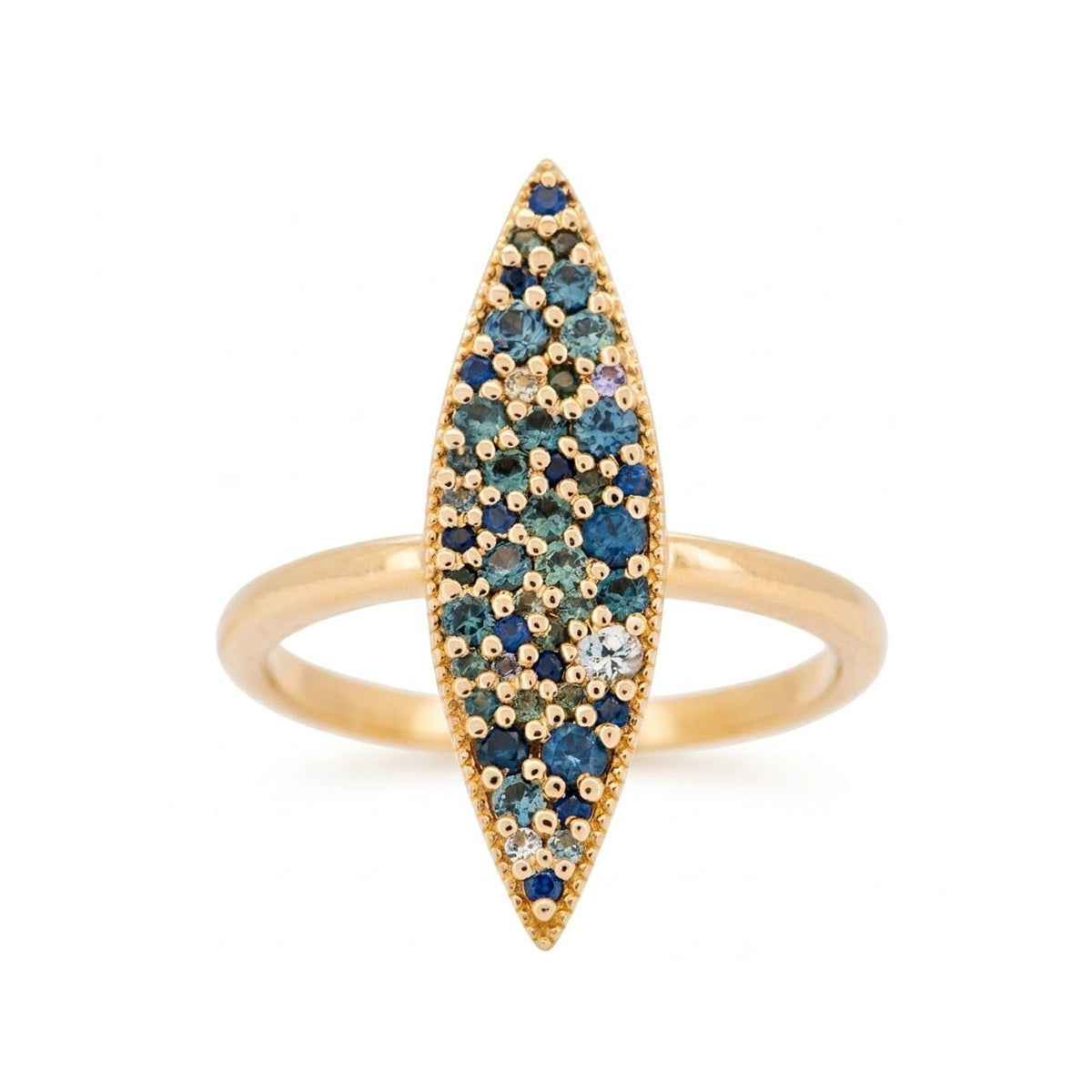 Elongated Navette Ring with Cluster Sapphire 14K Gold R6707 Aurora Designer