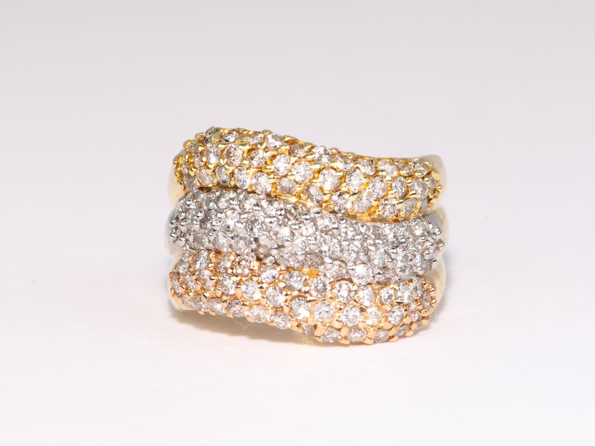 Wide Band Tri-Color Diamond Pave Ring 18K Gold Platinum 2ct Diamonds Statement 8.29g R6708 Aurora Designer