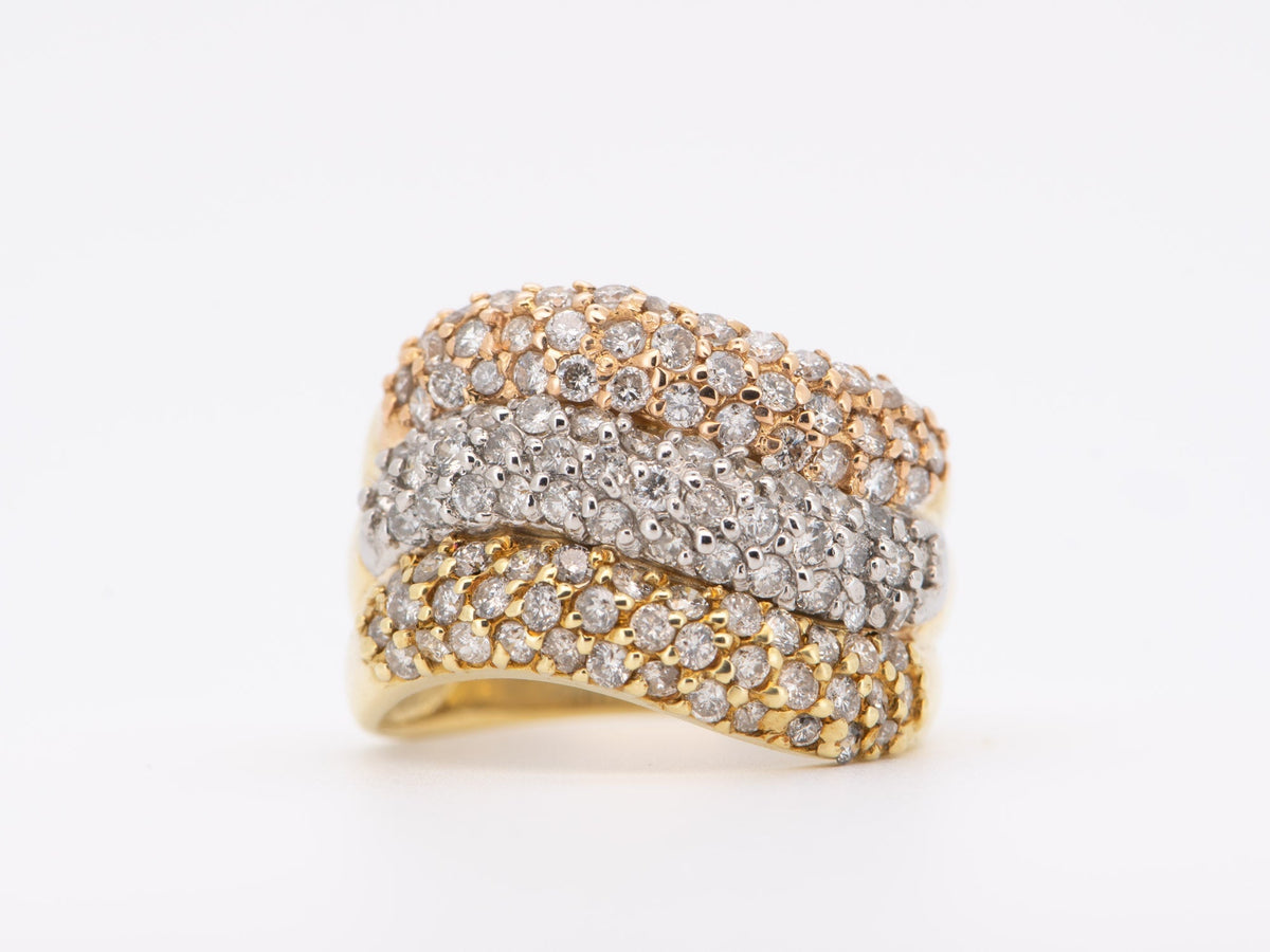 Wide Band Tri-Color Diamond Pave Ring 18K Gold Platinum 2ct Diamonds Statement 8.29g R6708 Aurora Designer