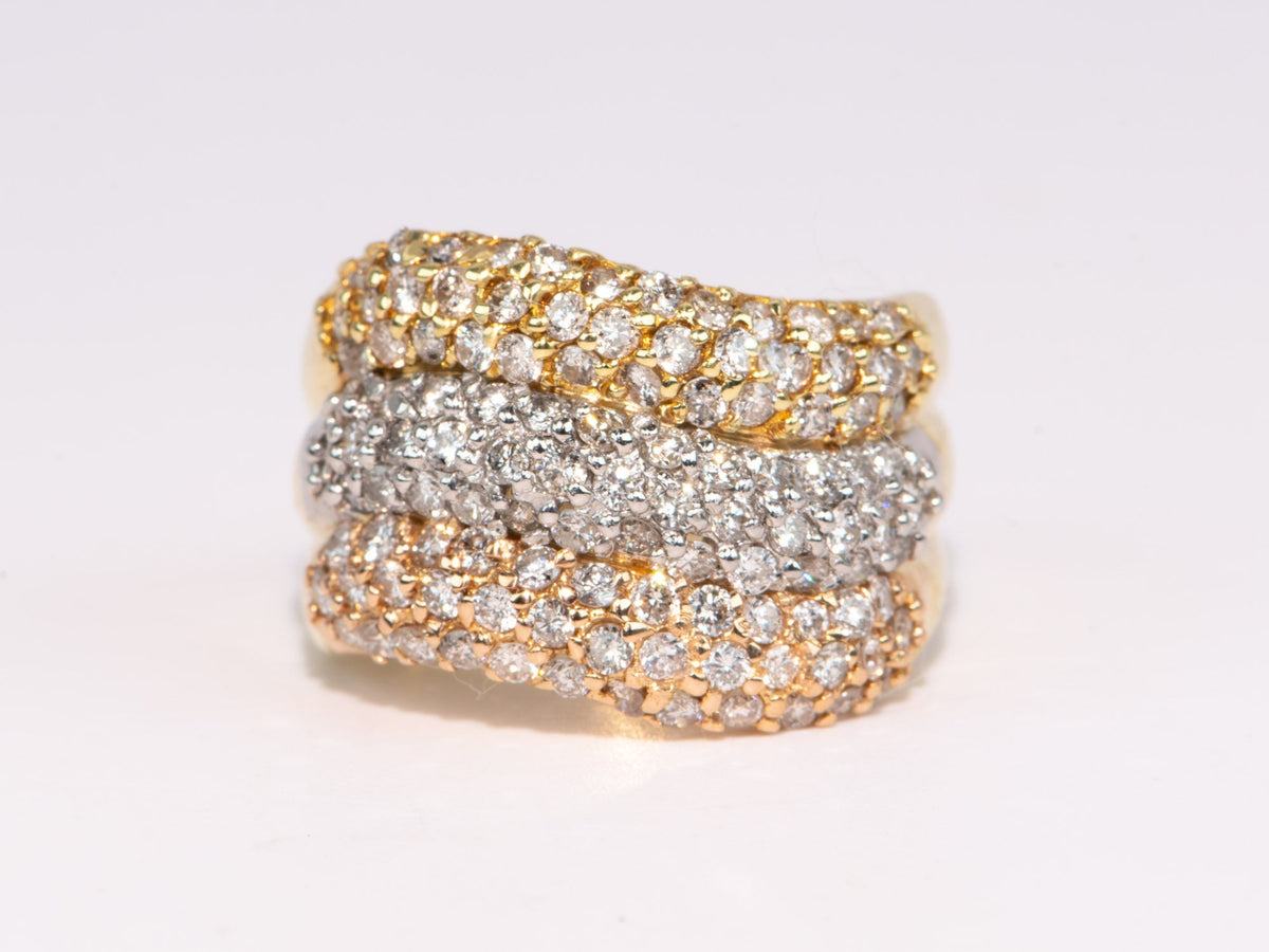 Wide Band Tri-Color Diamond Pave Ring 18K Gold Platinum 2ct Diamonds Statement 8.29g R6708 Aurora Designer