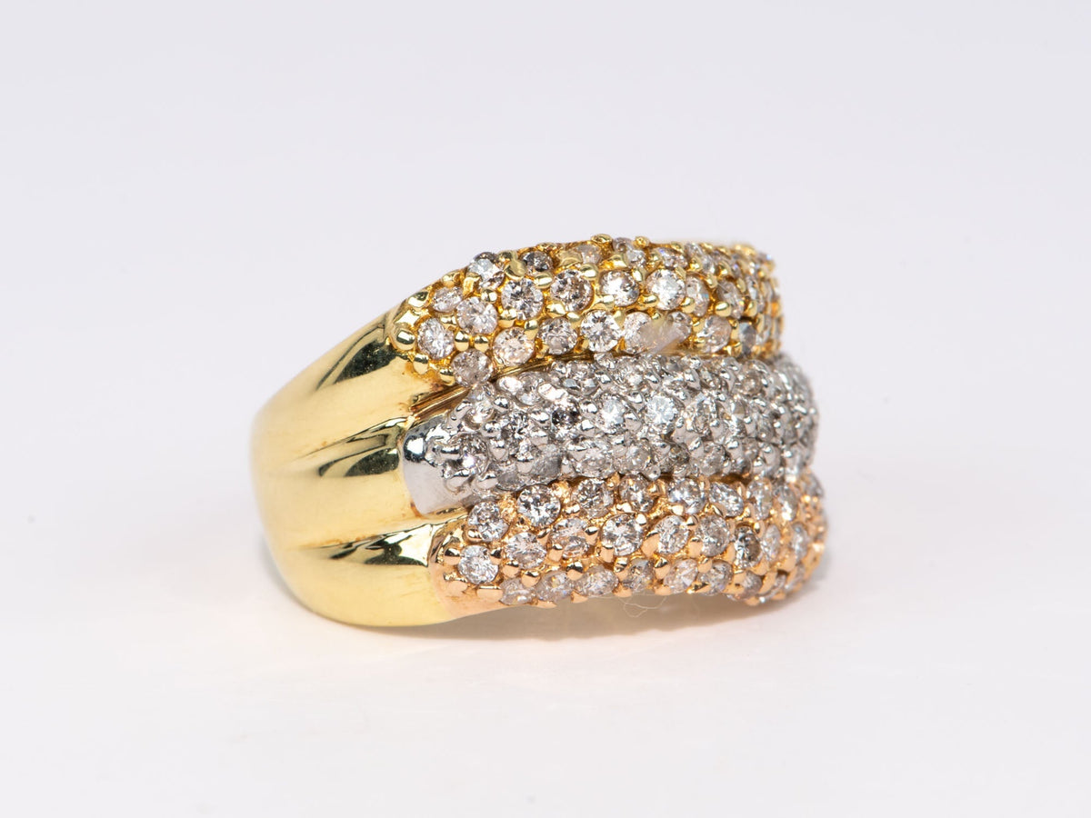Wide Band Tri-Color Diamond Pave Ring 18K Gold Platinum 2ct Diamonds Statement 8.29g R6708 Aurora Designer