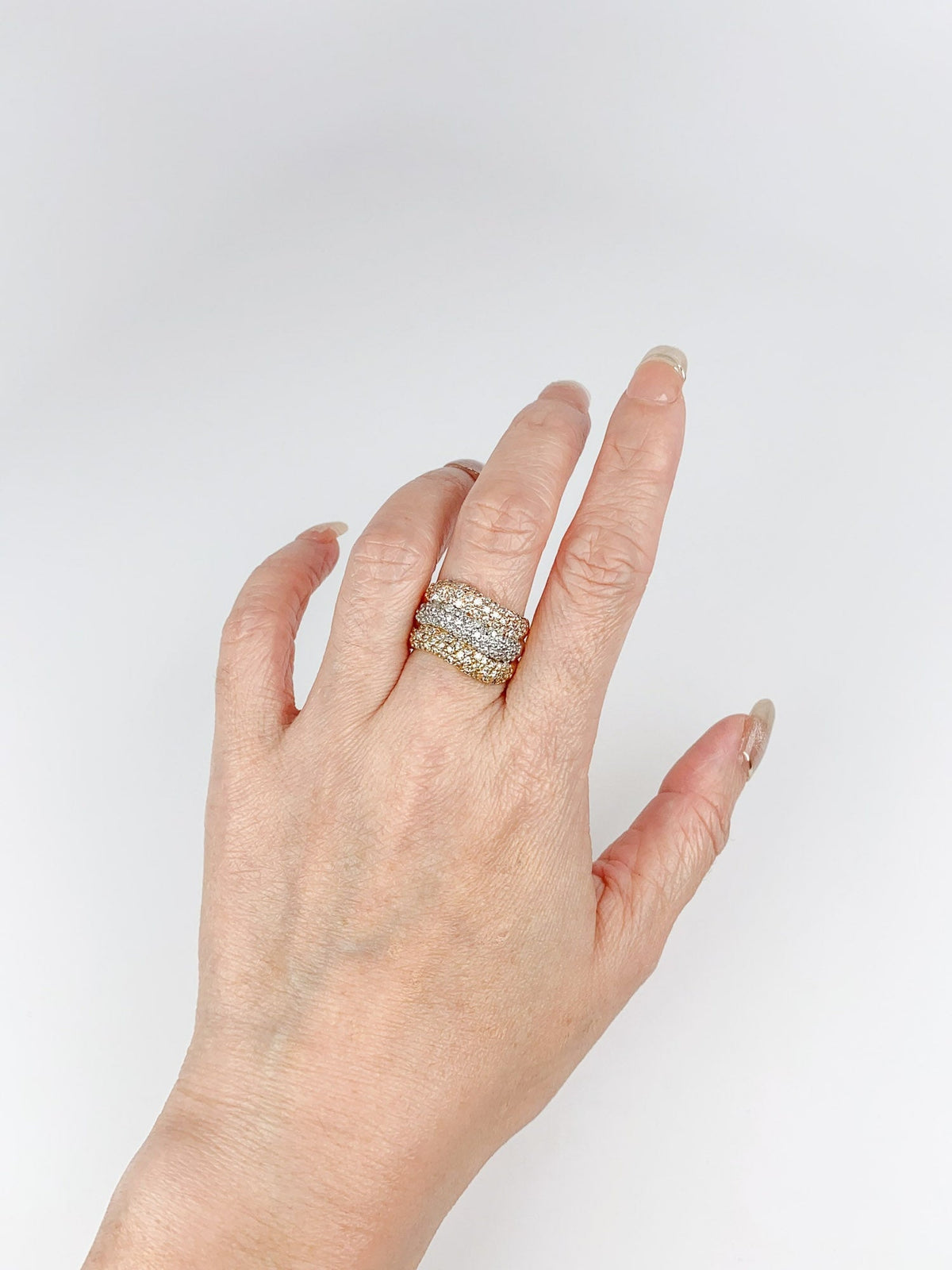 Wide Band Tri-Color Diamond Pave Ring 18K Gold Platinum 2ct Diamonds Statement 8.29g R6708 Aurora Designer