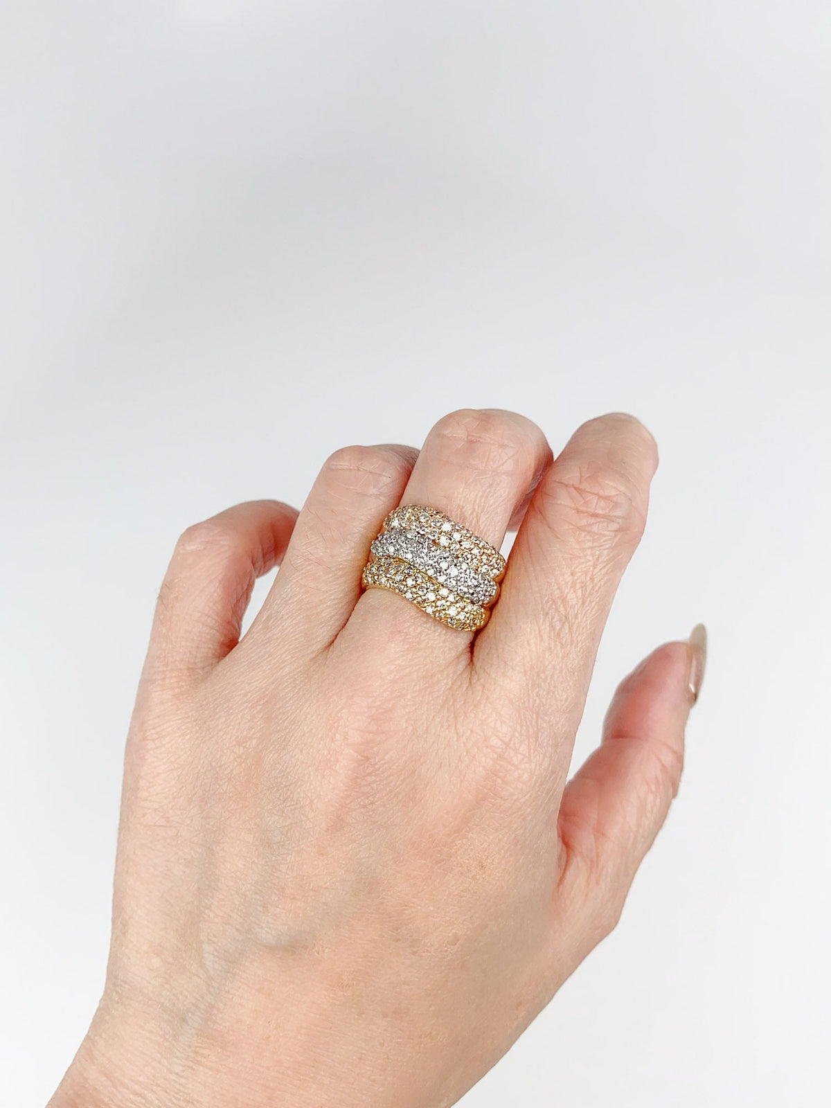 Wide Band Tri-Color Diamond Pave Ring 18K Gold Platinum 2ct Diamonds Statement 8.29g R6708 Aurora Designer