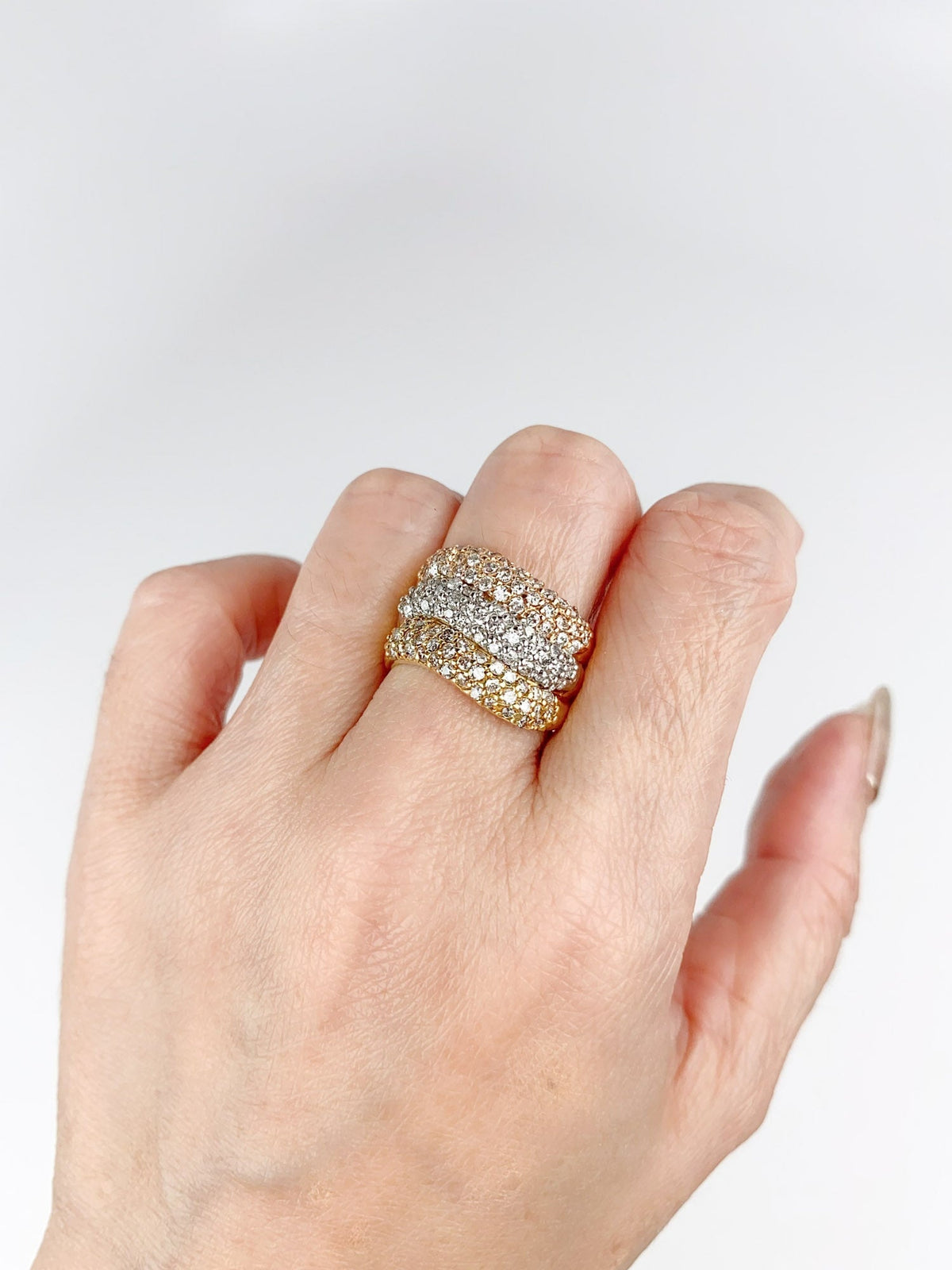 Wide Band Tri-Color Diamond Pave Ring 18K Gold Platinum 2ct Diamonds Statement 8.29g R6708 Aurora Designer