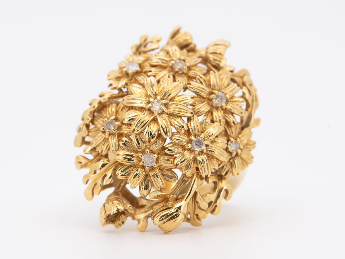 18K Gold Daisy Flower Cluster Ring with Diamond 9g+ Stunning Three-Dimensional Floral Design R6709 Aurora Designer