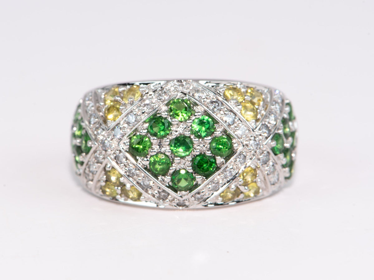 18K White Gold Wide Band Micro Pave Green Garnet and Diamond Ring 8g Tsavorite Grossular R6710 Aurora Designer