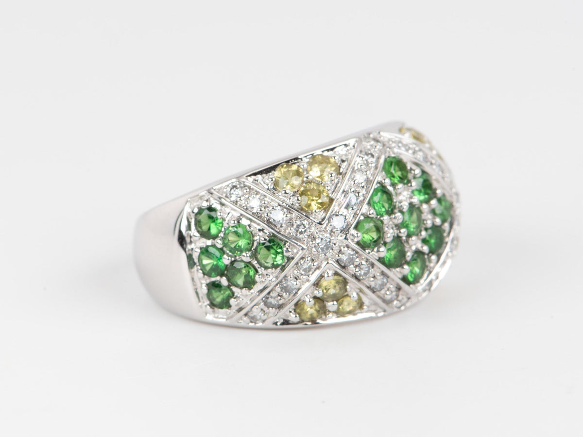18K White Gold Wide Band Micro Pave Green Garnet and Diamond Ring 8g Tsavorite Grossular R6710 Aurora Designer