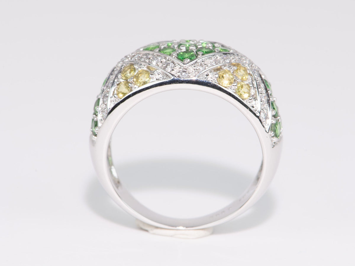 18K White Gold Wide Band Micro Pave Green Garnet and Diamond Ring 8g Tsavorite Grossular R6710 Aurora Designer