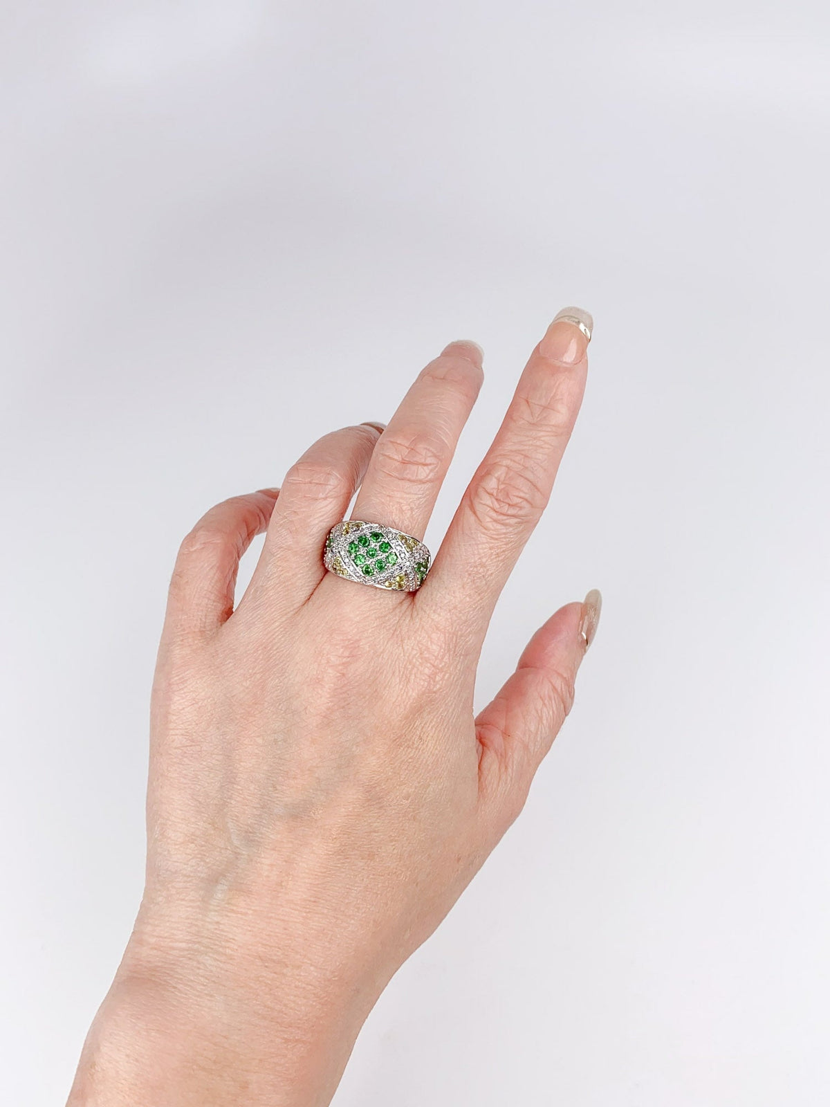 18K White Gold Wide Band Micro Pave Green Garnet and Diamond Ring 8g Tsavorite Grossular R6710 Aurora Designer