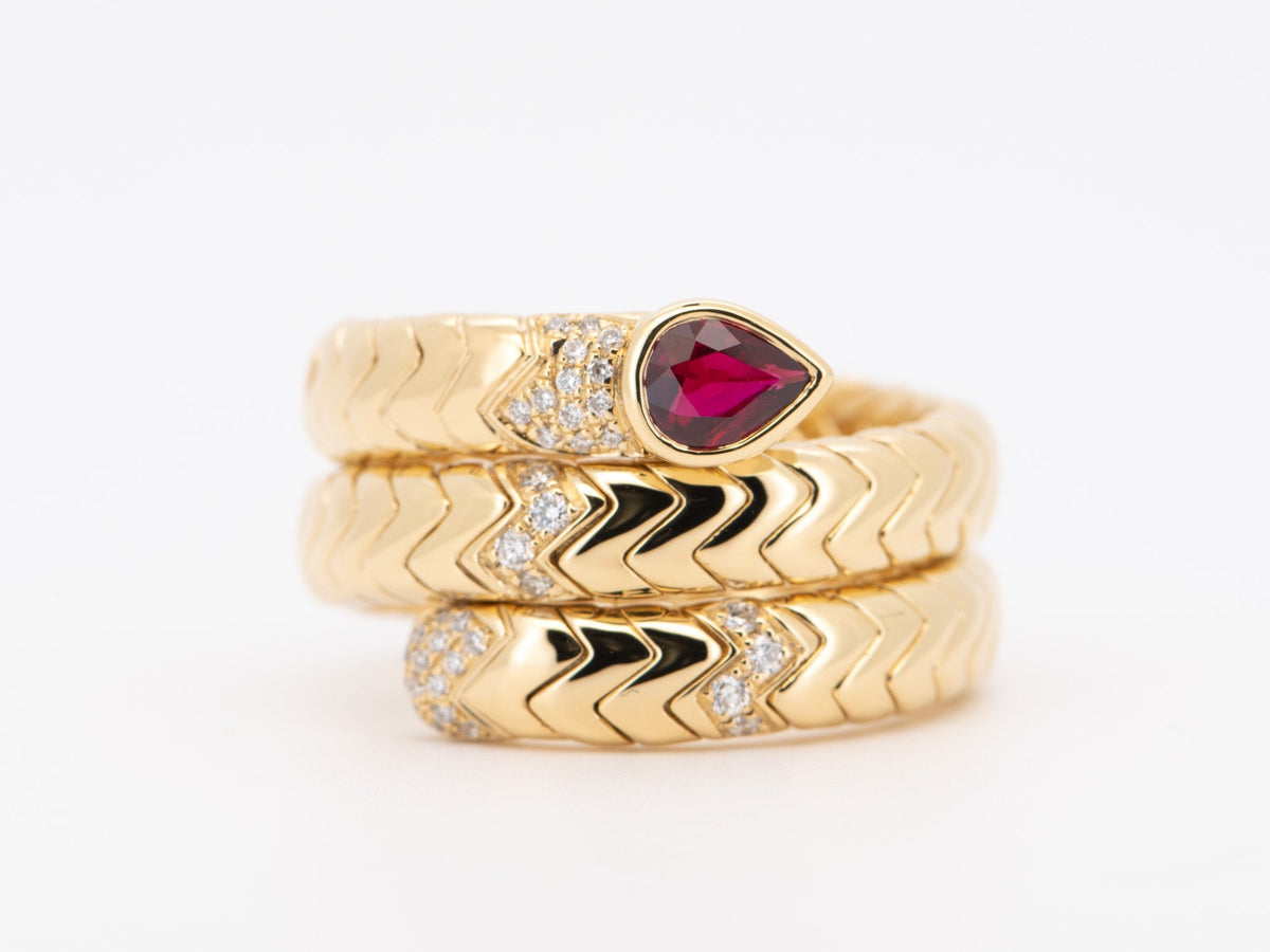 18K Gold Tubogas Snake Coil Ring with Ruby Head and Diamond Accent 13g Designer Jewelry Flexible Serpente Serpent Cool Wide Band R6711 Aurora Designer