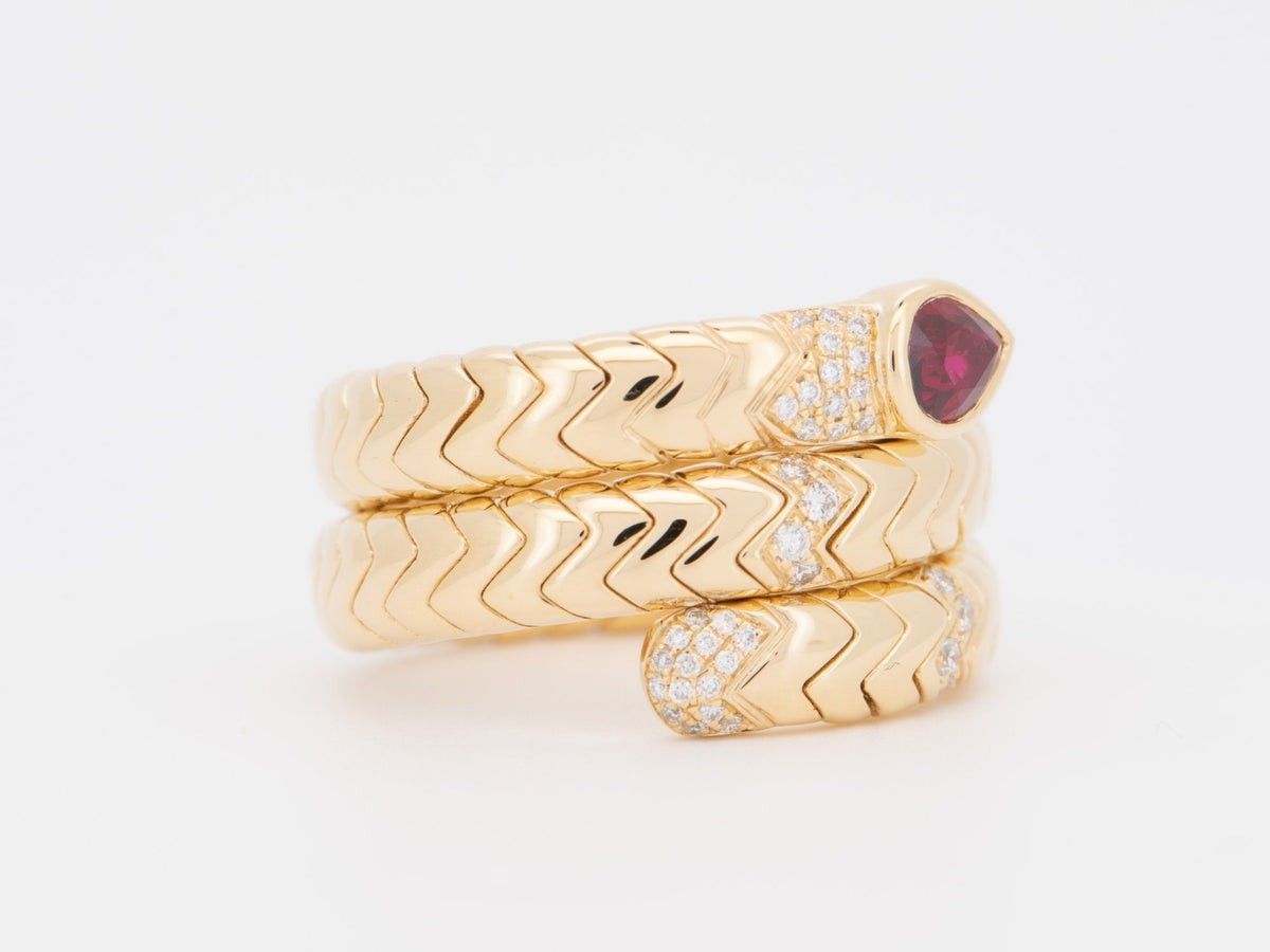 18K Gold Tubogas Snake Coil Ring with Ruby Head and Diamond Accent 13g Designer Jewelry Flexible Serpente Serpent Cool Wide Band R6711 Aurora Designer