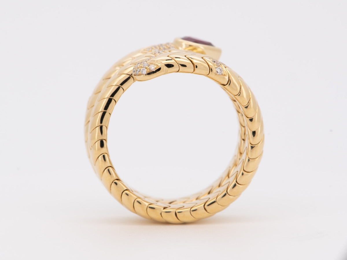 18K Gold Tubogas Snake Coil Ring with Ruby Head and Diamond Accent 13g Designer Jewelry Flexible Serpente Serpent Cool Wide Band R6711 Aurora Designer
