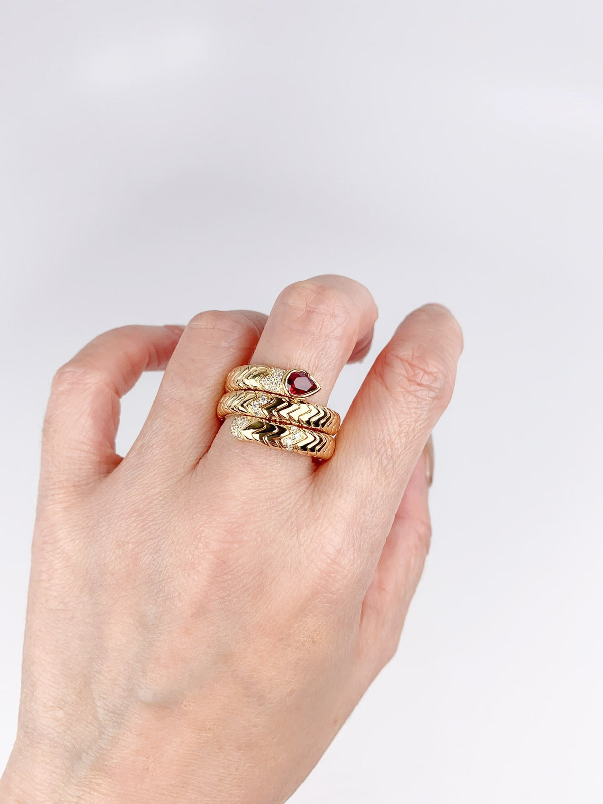 18K Gold Tubogas Snake Coil Ring with Ruby Head and Diamond Accent 13g Designer Jewelry Flexible Serpente Serpent Cool Wide Band R6711 Aurora Designer