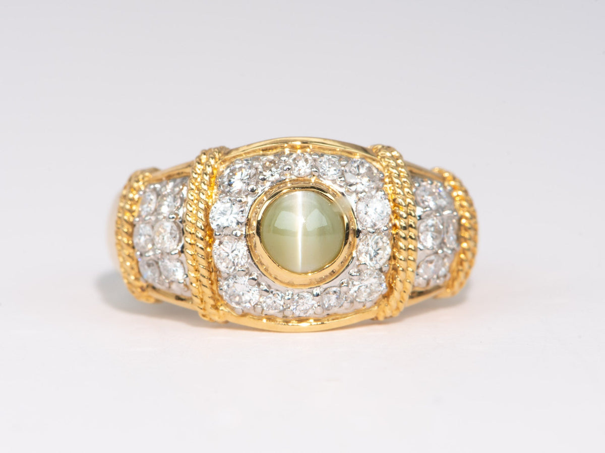Unique Chrysoberyl Cat&#39;s Eye with Diamond Pave Ring 18K Gold &amp; Platinum 6g+R6712 Aurora Designer