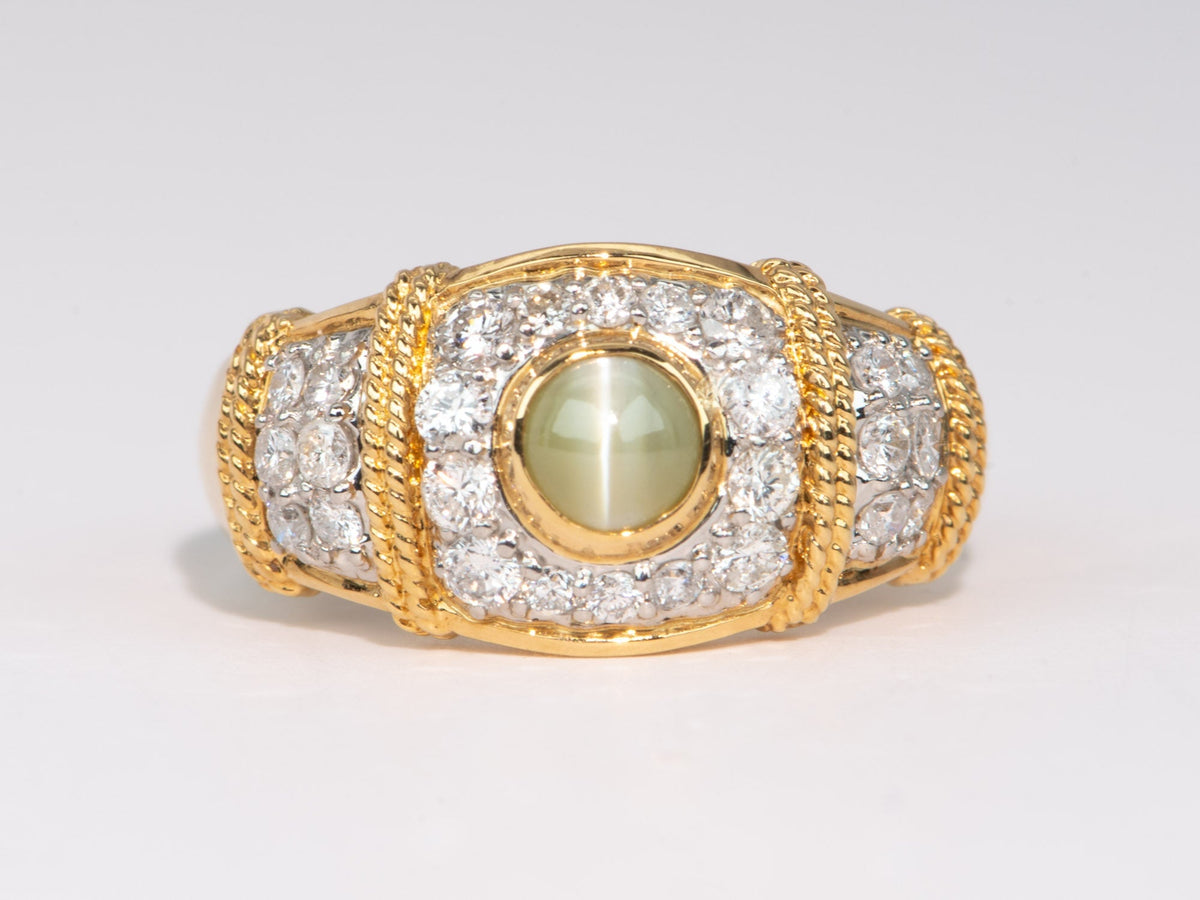 Unique Chrysoberyl Cat&#39;s Eye with Diamond Pave Ring 18K Gold &amp; Platinum 6g+R6712 Aurora Designer