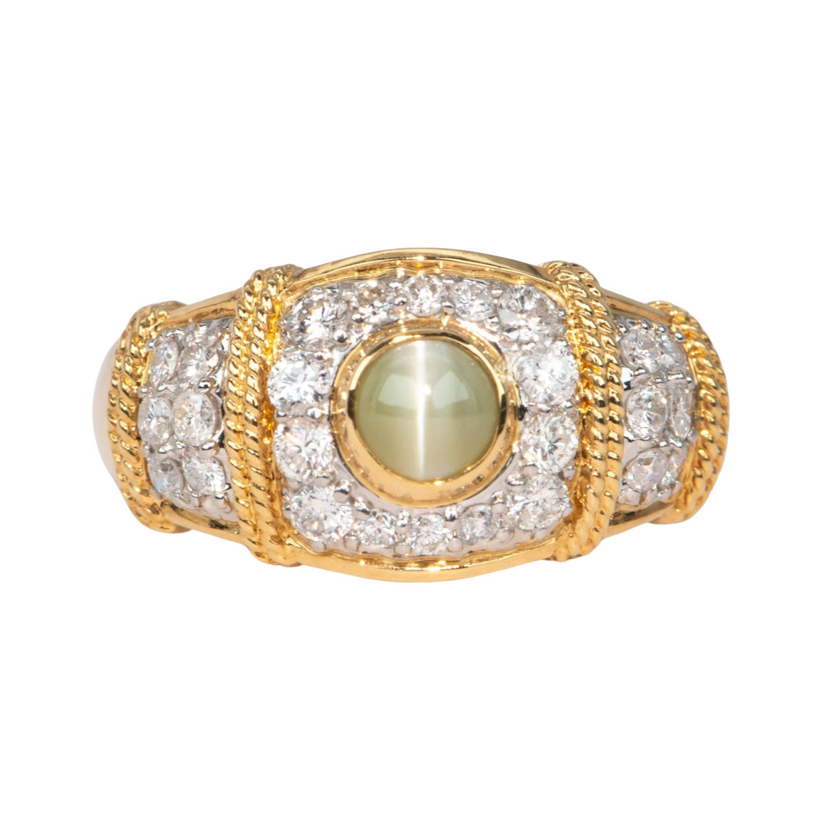 Unique Chrysoberyl Cat&#39;s Eye with Diamond Pave Ring 18K Gold &amp; Platinum 6g+R6712 Aurora Designer