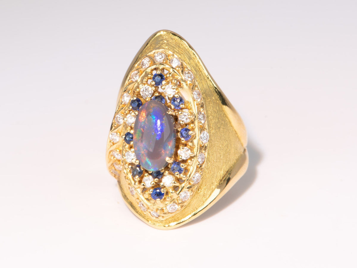 18K Gold Statement Australian Black Opal Ring Yuzo Kiriyama Japanese Designer Sapphire Diamond Accent R6713 Aurora Designer