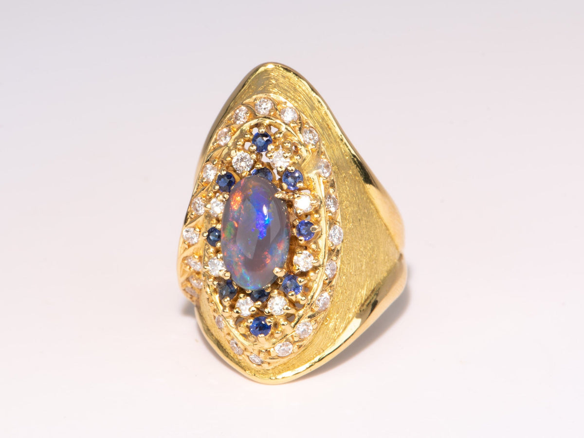 18K Gold Statement Australian Black Opal Ring Yuzo Kiriyama Japanese Designer Sapphire Diamond Accent R6713 Aurora Designer