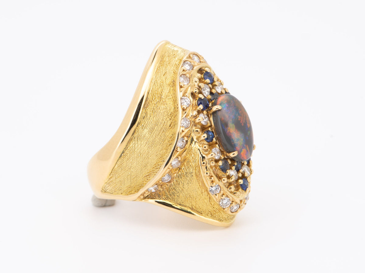 18K Gold Statement Australian Black Opal Ring Yuzo Kiriyama Japanese Designer Sapphire Diamond Accent R6713 Aurora Designer