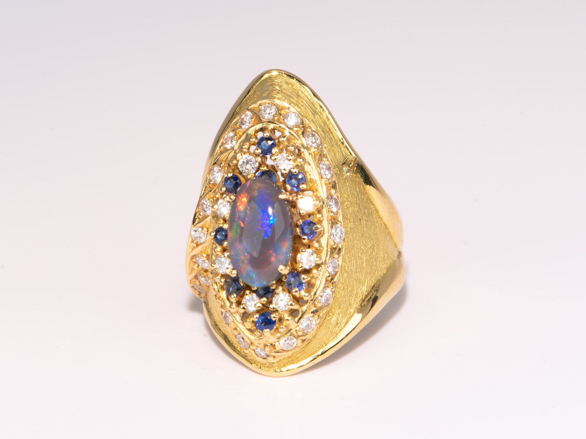 18K Gold Statement Australian Black Opal Ring Yuzo Kiriyama Japanese Designer Sapphire Diamond Accent R6713 Aurora Designer