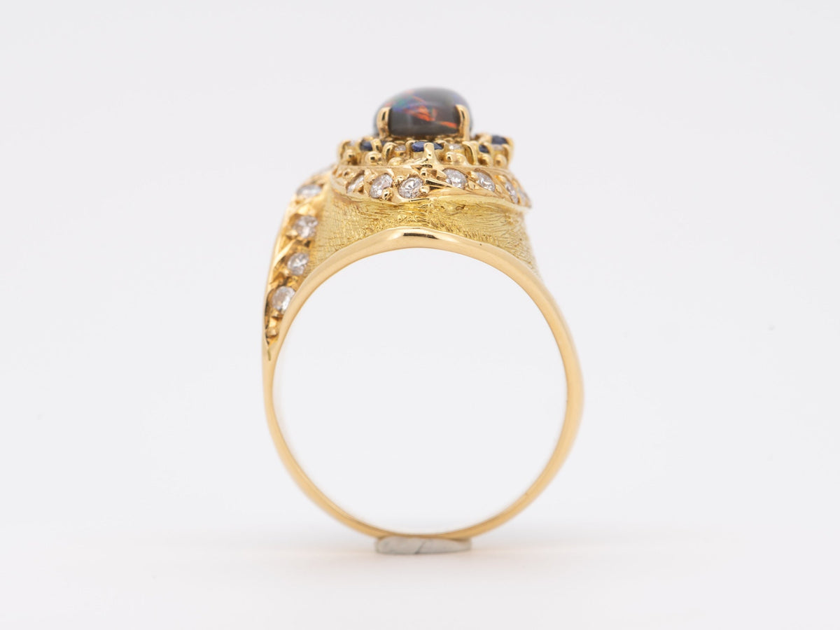 18K Gold Statement Australian Black Opal Ring Yuzo Kiriyama Japanese Designer Sapphire Diamond Accent R6713 Aurora Designer