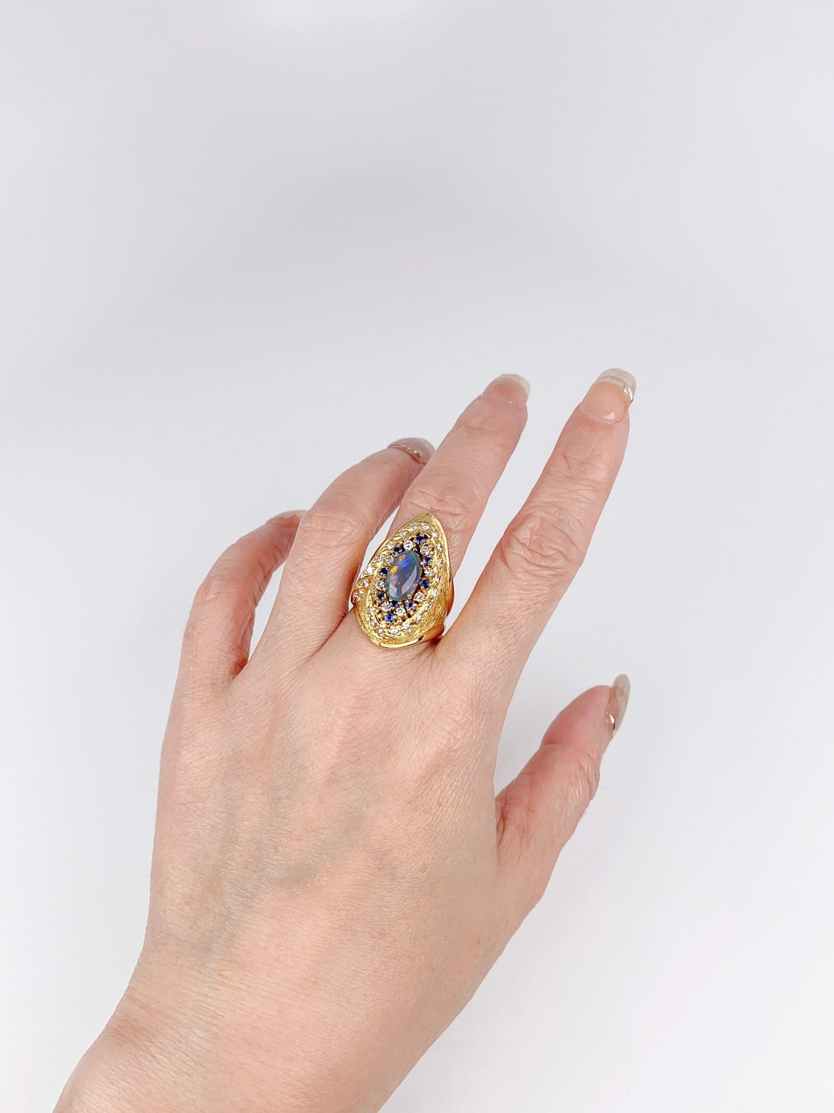18K Gold Statement Australian Black Opal Ring Yuzo Kiriyama Japanese Designer Sapphire Diamond Accent R6713 Aurora Designer