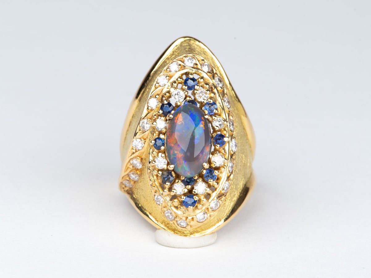 18K Gold Statement Australian Black Opal Ring Yuzo Kiriyama Japanese Designer Sapphire Diamond Accent R6713 Aurora Designer