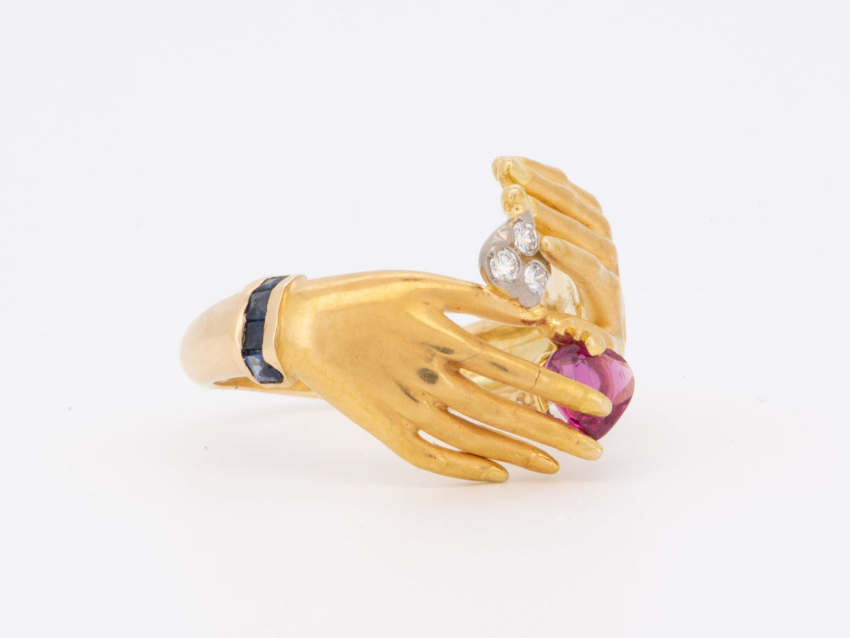 18K Gold Carrera y Carrera Woman and Man's Hand Ring with Ruby Diamond Sapphire 10g+ R6719 Aurora Designer