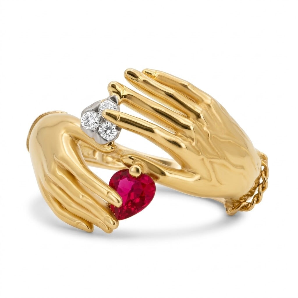 18K Gold Carrera Y Carrera Woman and Man's Hand Ring Holding Ruby Diamond R6719 Aurora Designer