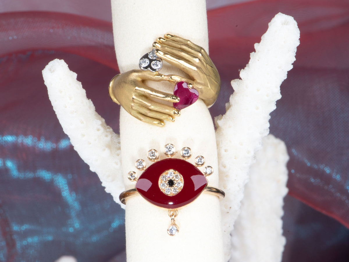 14K Gold Red Enamel Evil Eye Ring with Diamond Dangle and Spikes R6545 Aurora Designer