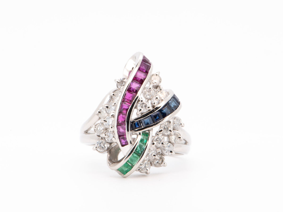 Ruby Sapphire Emerald &amp; Diamond Cluster Ring Platinum PT900 R6720 Aurora Designer