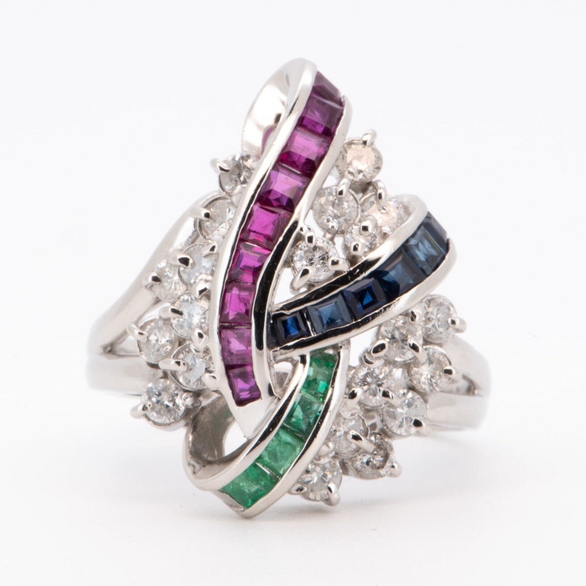 Ruby Sapphire Emerald &amp; Diamond Cluster Ring Platinum PT900 R6720 Aurora Designer