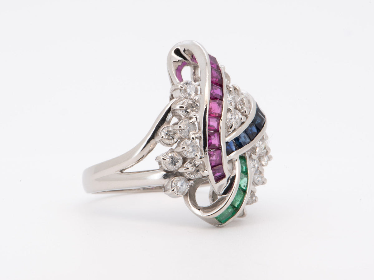 Ruby Sapphire Emerald &amp; Diamond Cluster Ring Platinum PT900 R6720 Aurora Designer
