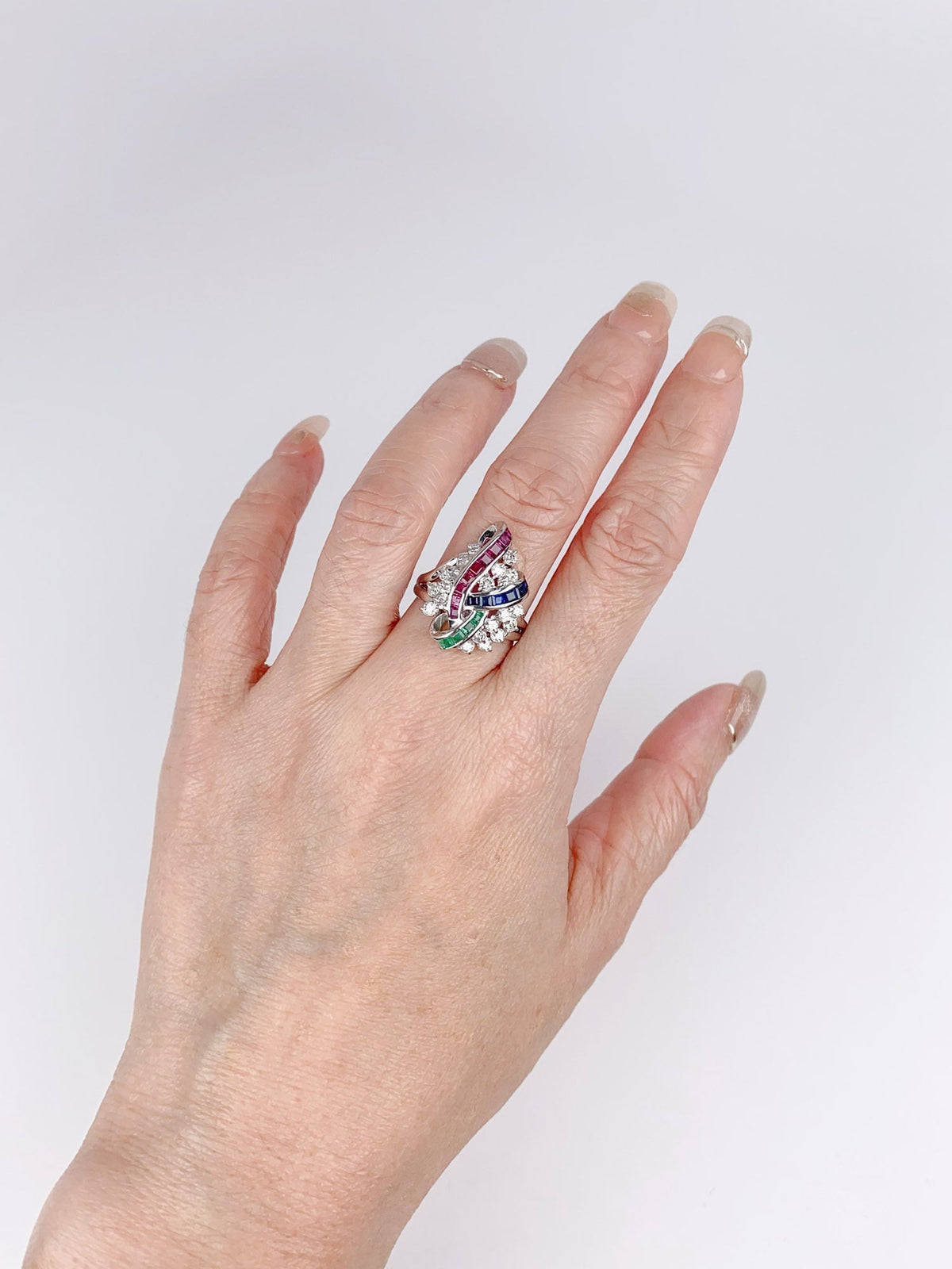 Ruby Sapphire Emerald &amp; Diamond Cluster Ring Platinum PT900 R6720 Aurora Designer