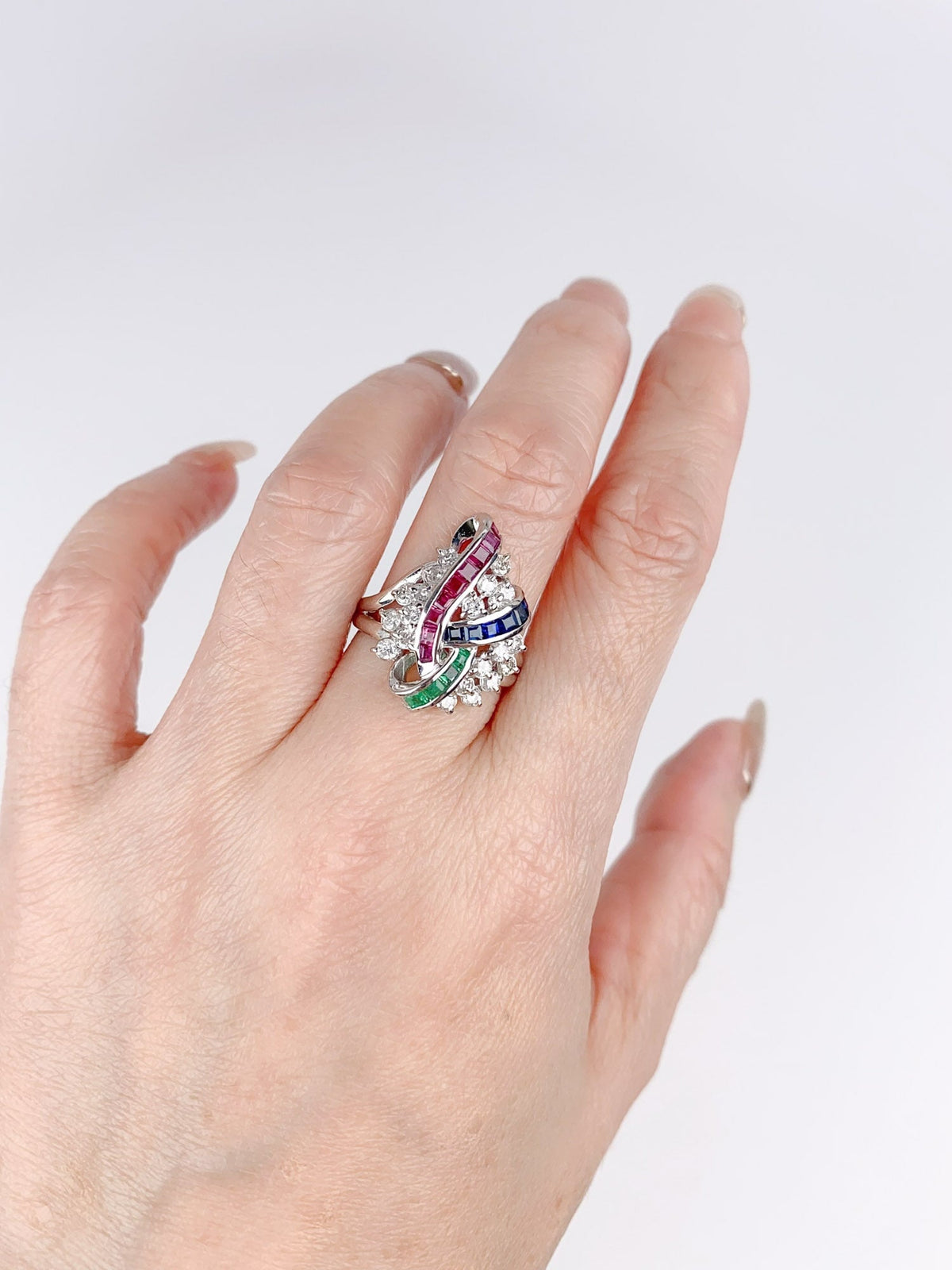 Ruby Sapphire Emerald &amp; Diamond Cluster Ring Platinum PT900 R6720 Aurora Designer