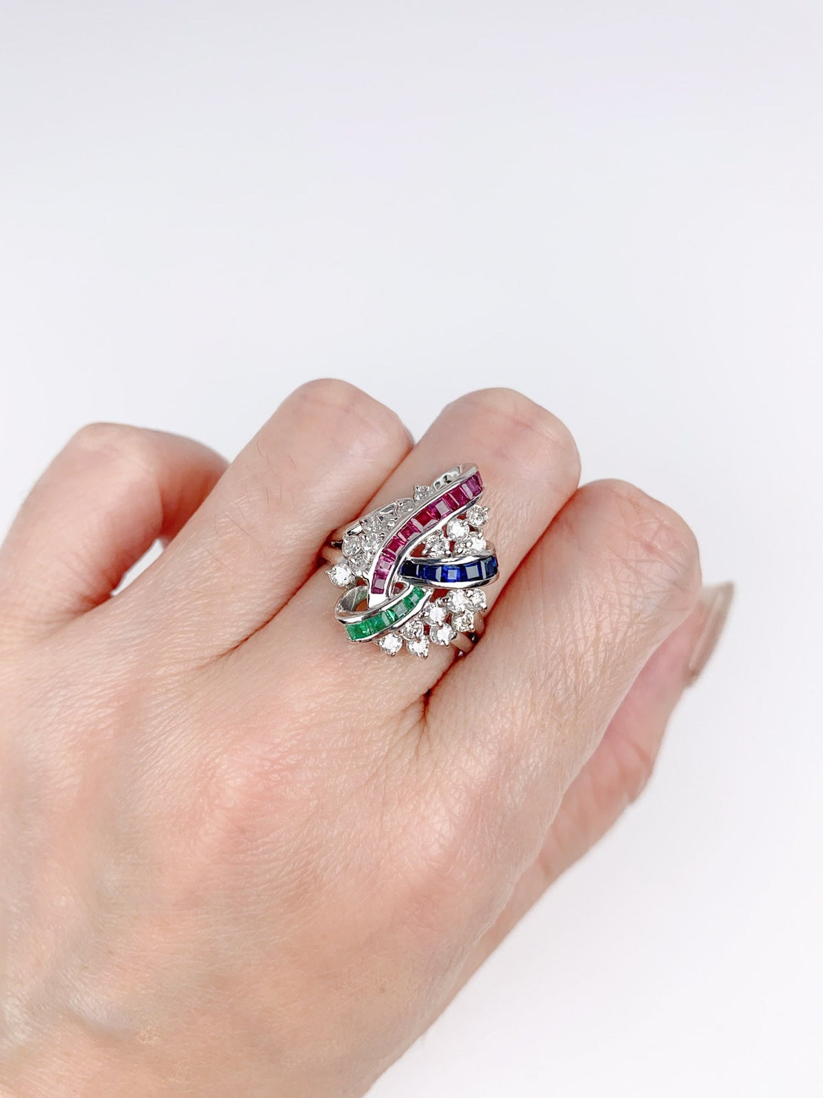 Ruby Sapphire Emerald &amp; Diamond Cluster Ring Platinum PT900 R6720 Aurora Designer