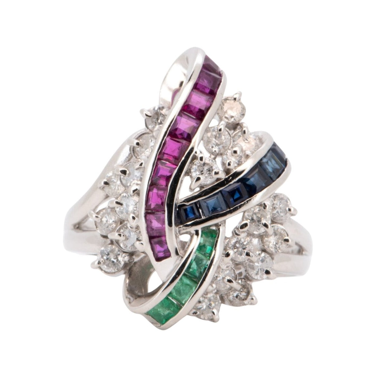 Ruby Sapphire Emerald &amp; Diamond Cluster Ring Platinum PT900 R6720 Aurora Designer