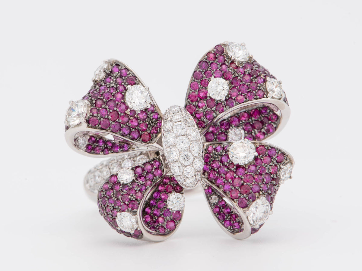 Ruby and Diamond Bow Tie Flower Convertible Ring 18K White Gold R6725 Aurora Designer