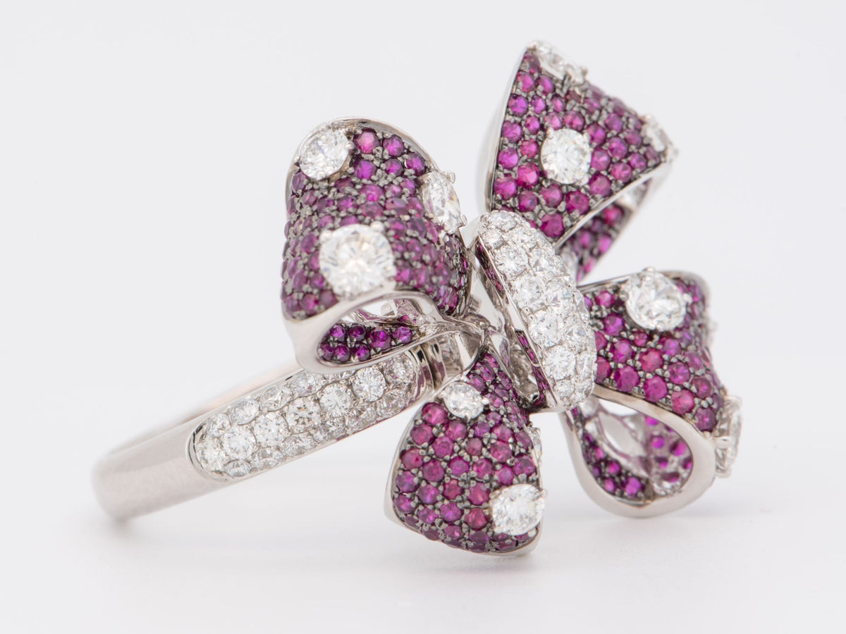 Ruby and Diamond Bow Tie Flower Convertible Ring 18K White Gold R6725 Aurora Designer