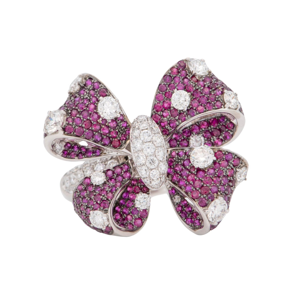 Ruby and Diamond Bow Tie Flower Convertible Ring Brooch Pendant 18K White Gold R6725 Aurora Designer