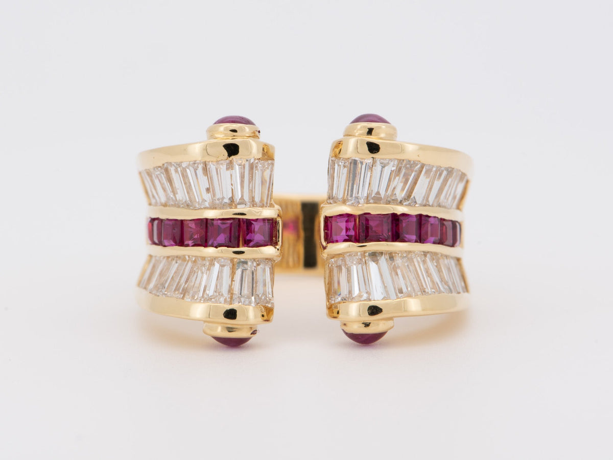 Diamond and Ruby Baguette Open End Band 18K Gold R6729 Aurora Designer