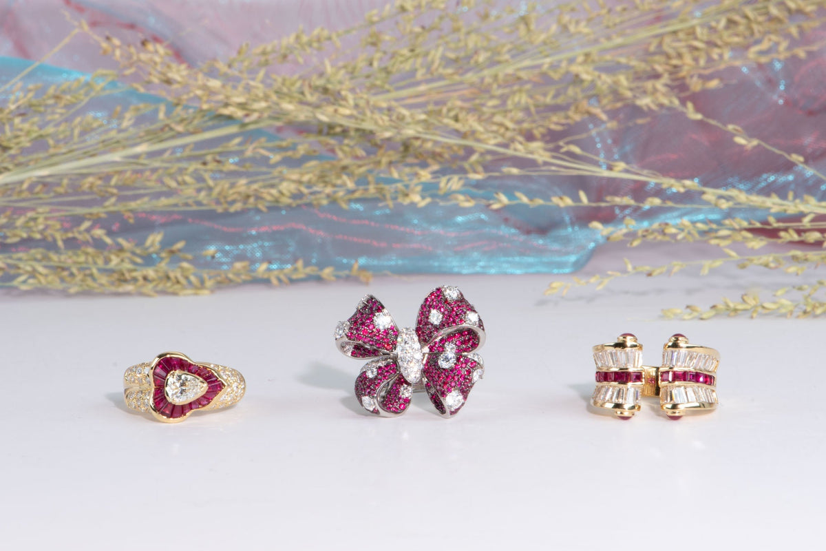 Diamond and Ruby Baguette Open End Band 18K Gold R6729 Aurora Designer