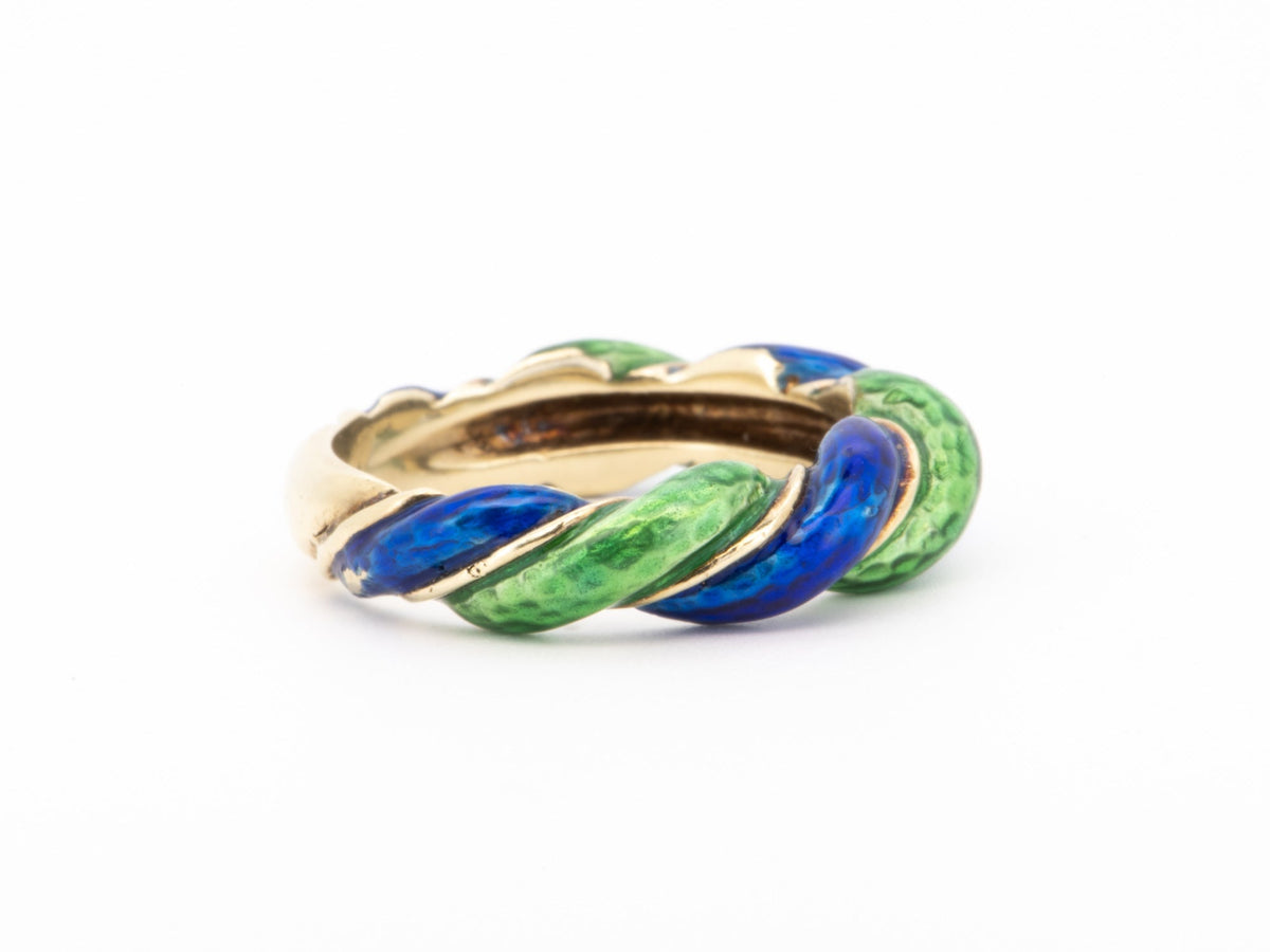 14K Gold Vintage Band with Green and Blue Enamel Swirls Twist 6.17g R6735 Aurora Designer