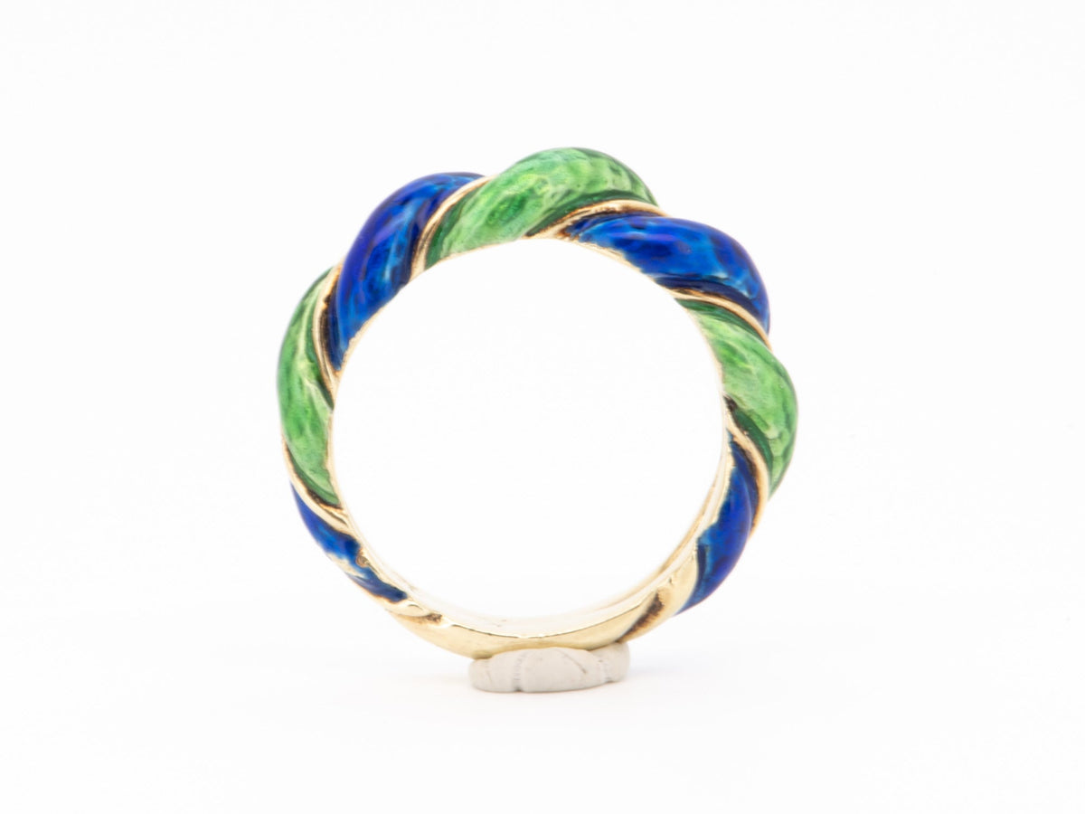 14K Gold Vintage Band with Green and Blue Enamel Swirls Twist 6.17g R6735 Aurora Designer