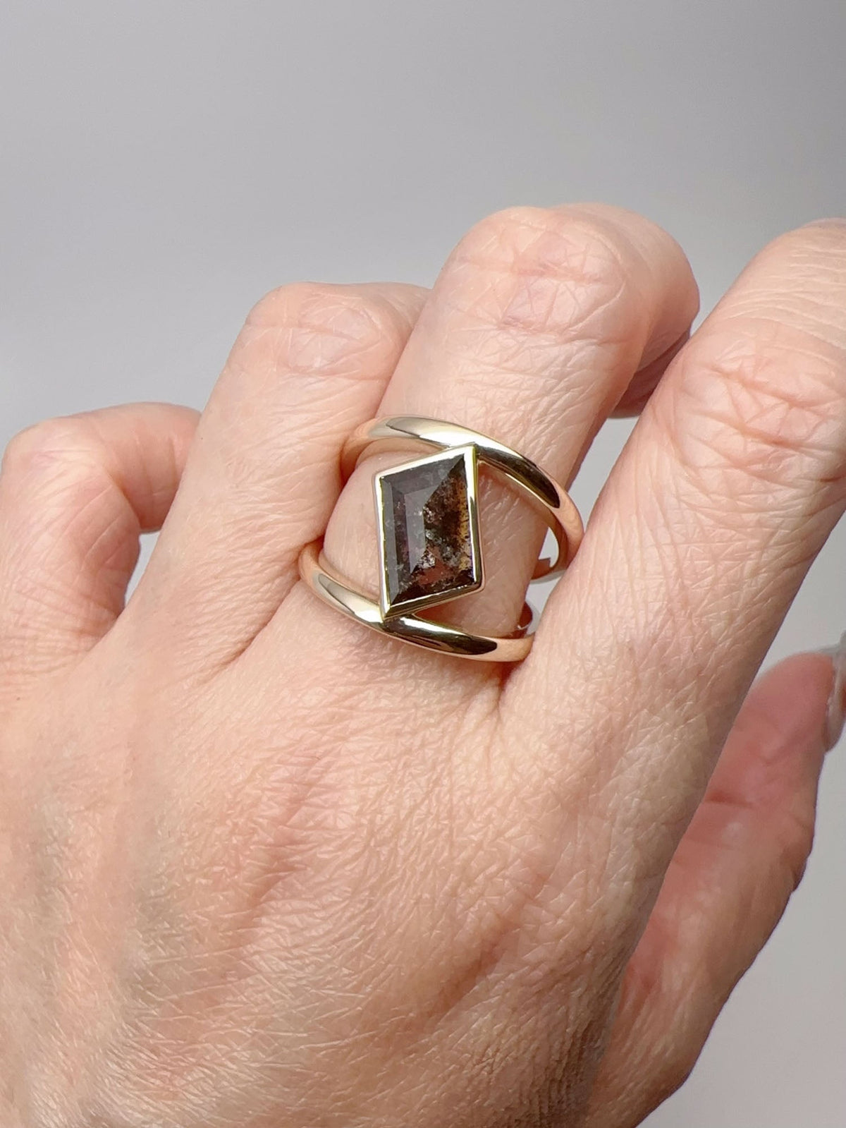 1.61ct High Luster Salt and Pepper Diamond Bezel Set Cage Ring 14K Gold Aurora Designer