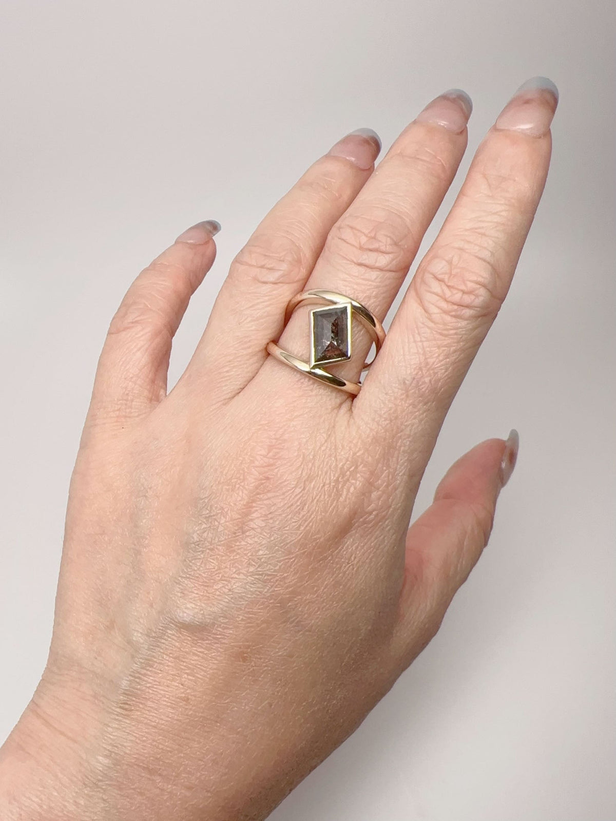 1.61ct High Luster Salt and Pepper Diamond Bezel Set Cage Ring 14K Gold Aurora Designer